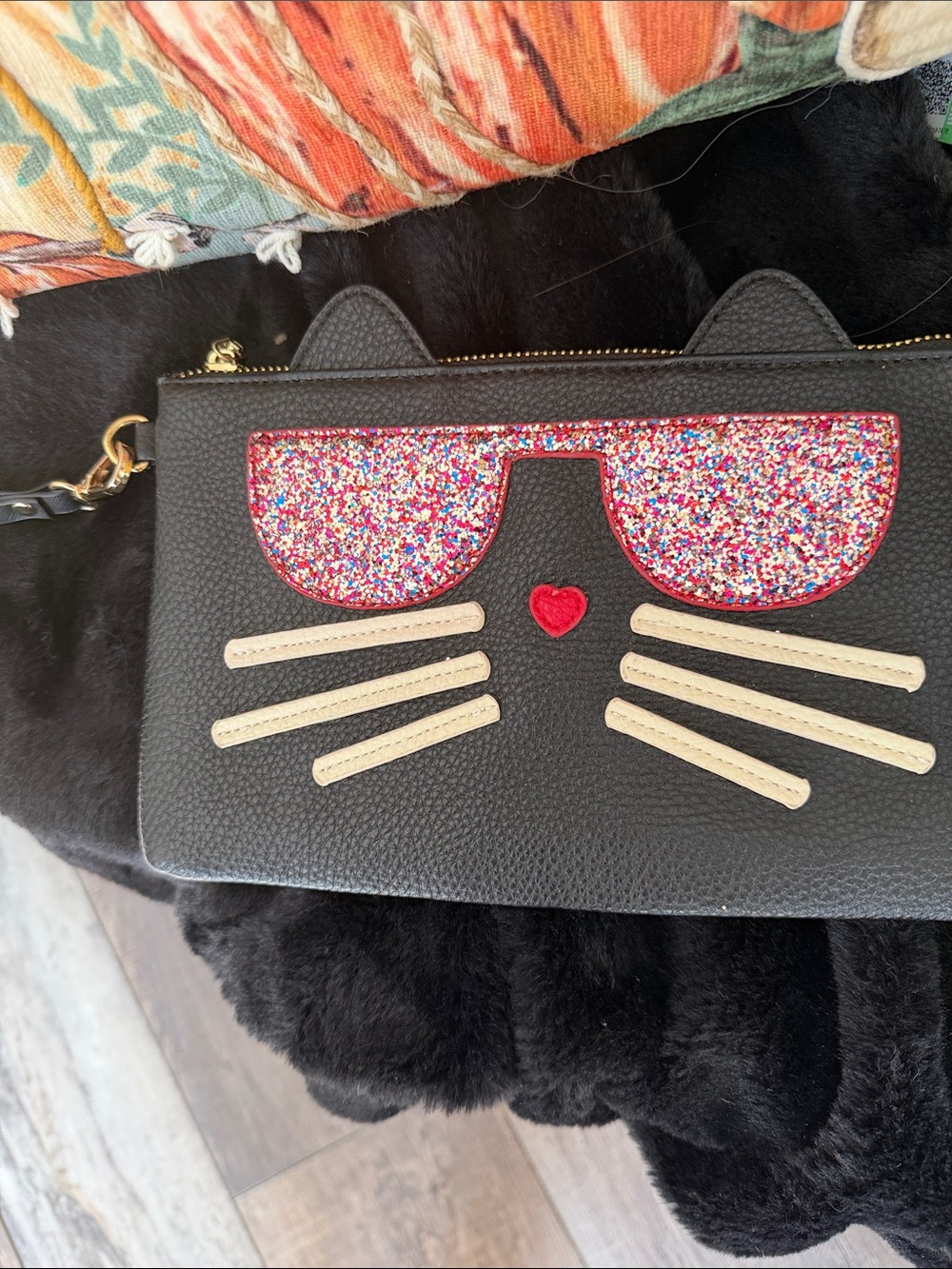 Charming Charlie Black Cat Wristlet with Multicolor Glitter Sunglasses